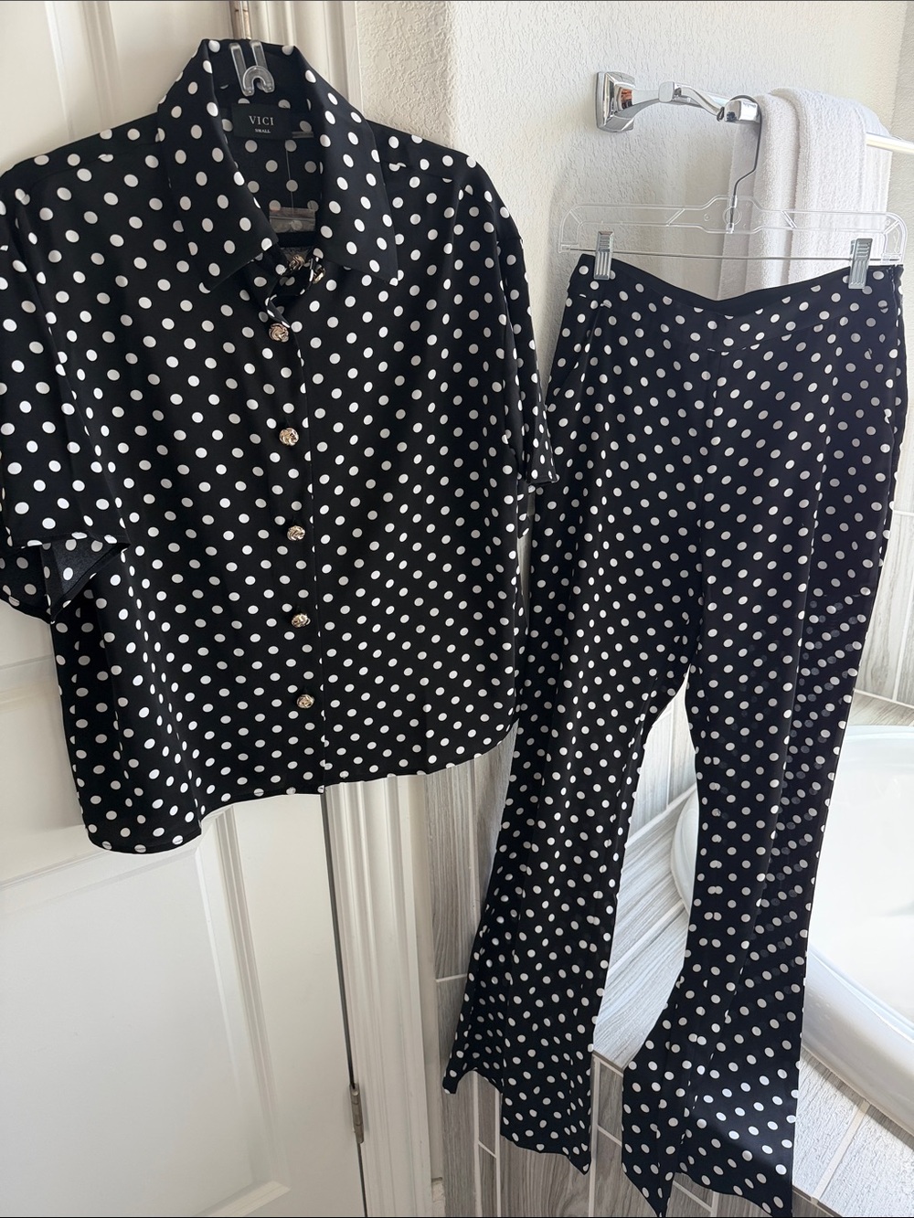 VICI Black & White Polka Dot Boot Cut Jumpsuit Set